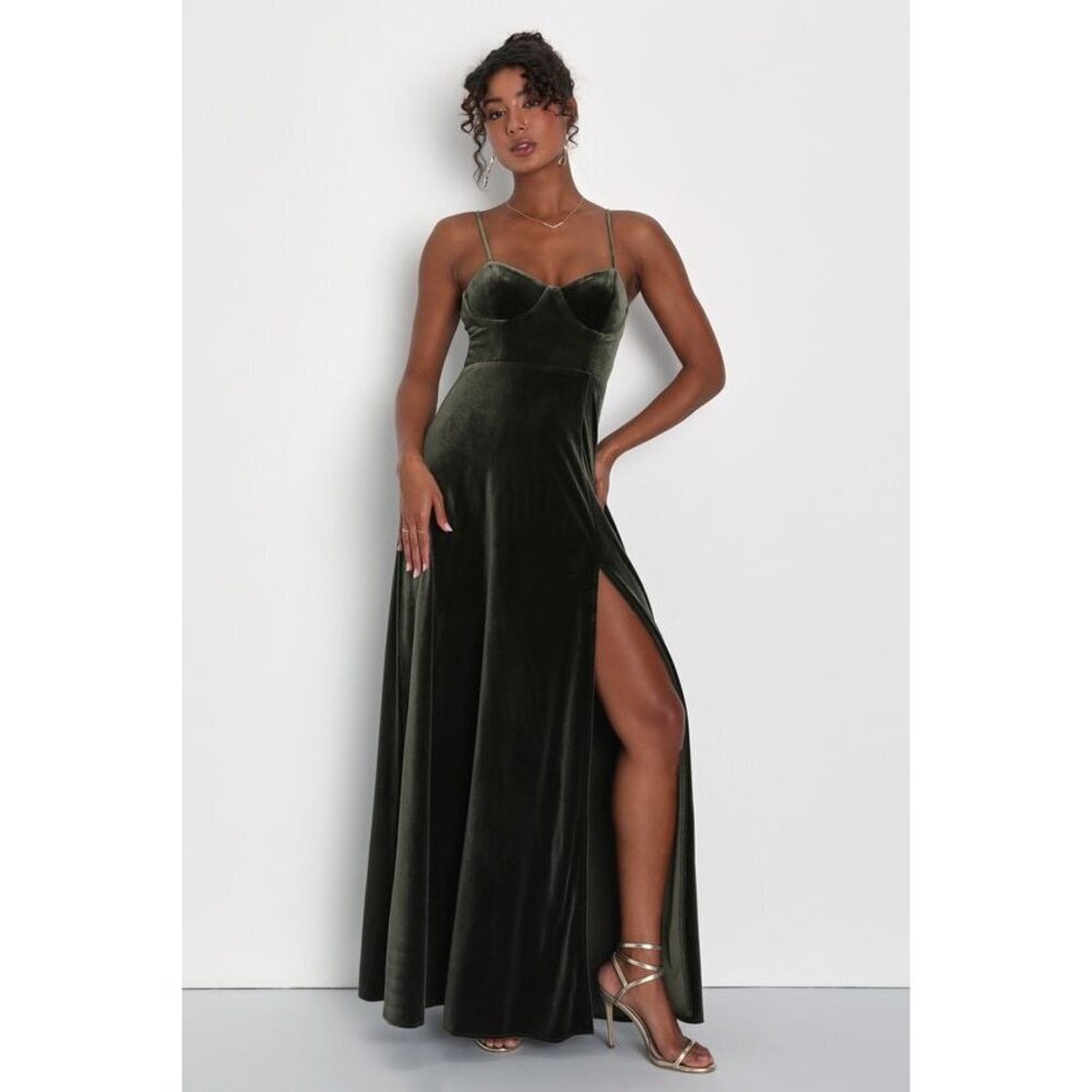 Lulus Soiree Of Love Olive Green Velvet Sleeveless Bustier Maxi Dress - Size L
